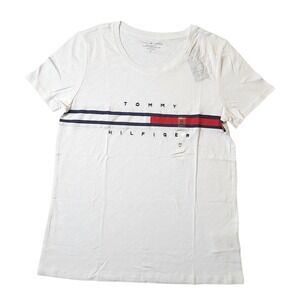Tommy Hilfiger Women Relaxed Fit T-Shirt, Embroidery Logo, White, Medium New